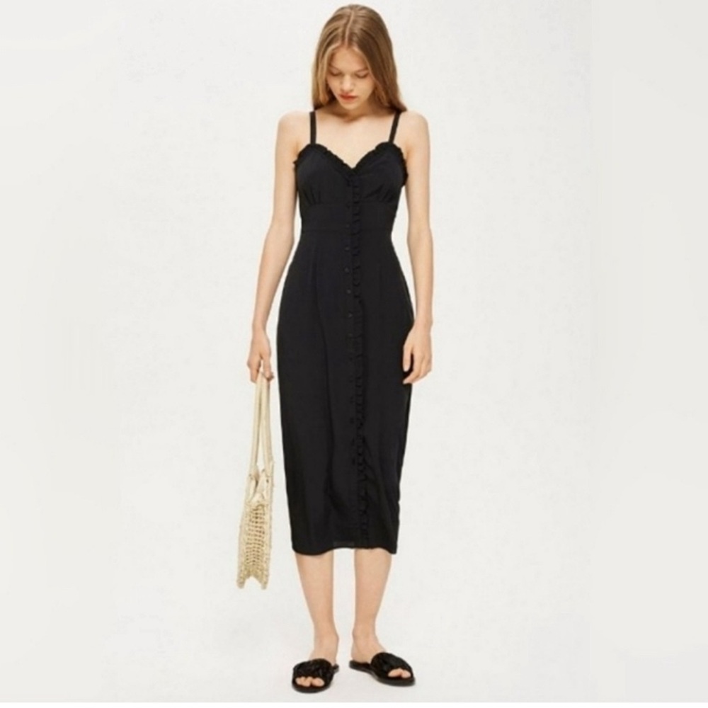 TOPSHOP Black Ruffle Button Down Slipdress Trim Midi Slip Dress!